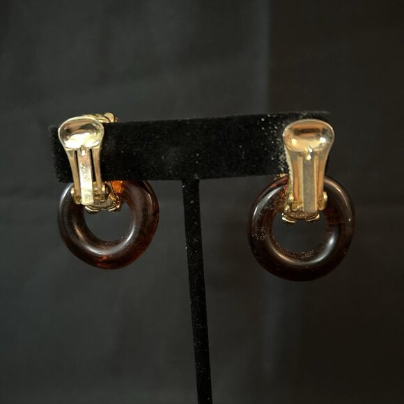 Vintage Kenneth Lane Door Knock Clip On Earrings Gold Tone Tortoise Read - Picture 3 of 9